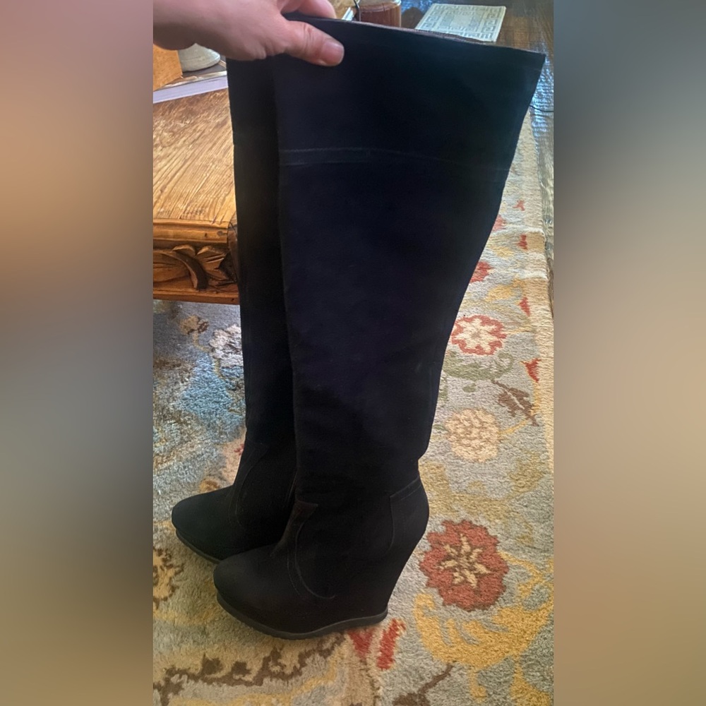 Pura Lopez top Knee High Platform Wedge Suede Black Boots 6.5 U.S.